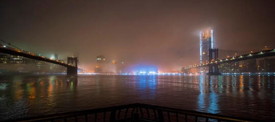 Manhattan through the fog in Brooklyn.